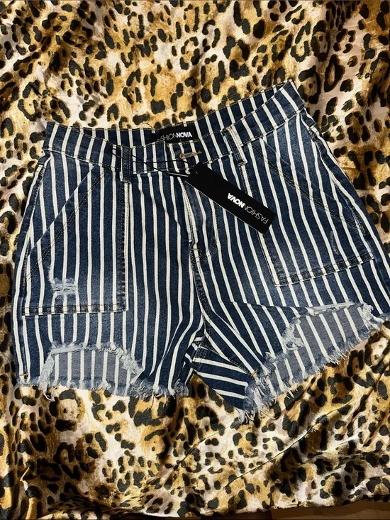 Fashion Nova Navy & White Striped High-Rise Distressed Jean Shorts