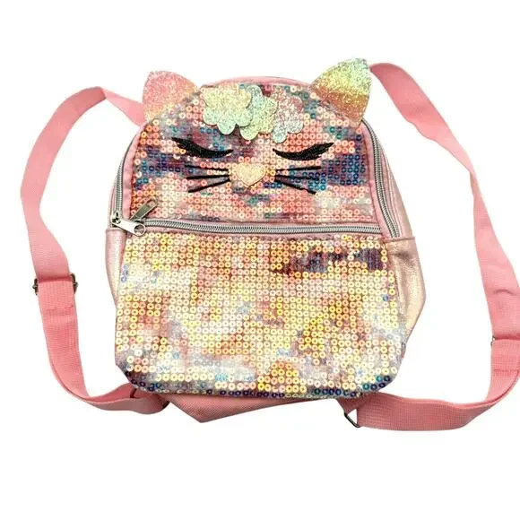 P.S. AEROPOSTALE New Pink‎ Purple Sequin Cat Flowers Mini Backpack Purse Kawaii
