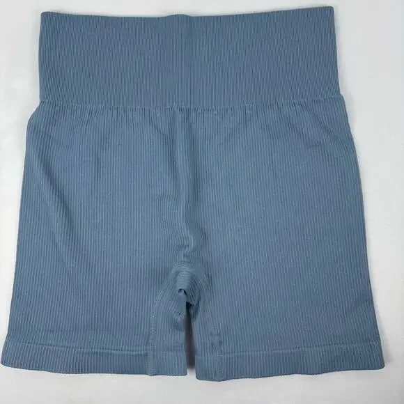 OQQ Women's Ribbed Bike Shorts in Blue yoga gym activewear Large