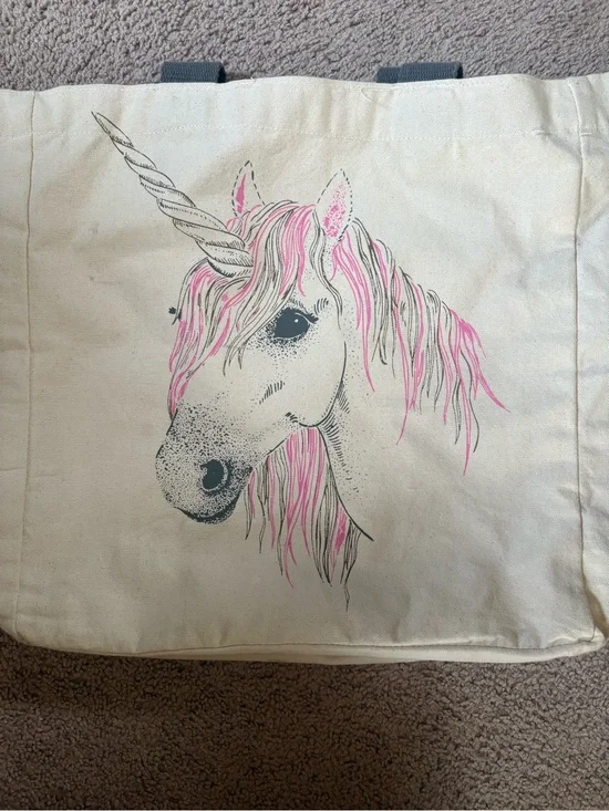 Canvas Tote with Pink-Maned Unicorn Illustration