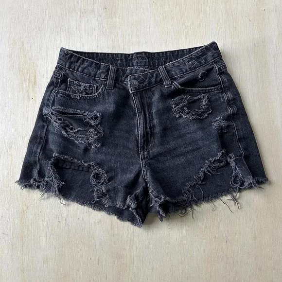 American Eagle Outfitters Shorts Womens 4 Black Denim Mom Distressed Raw Hem