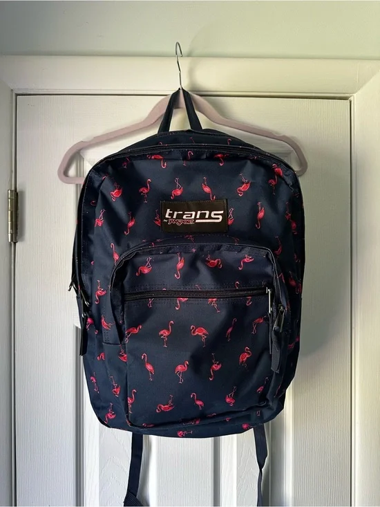 Jansport Navy Backpack with Pink Flamingo Print