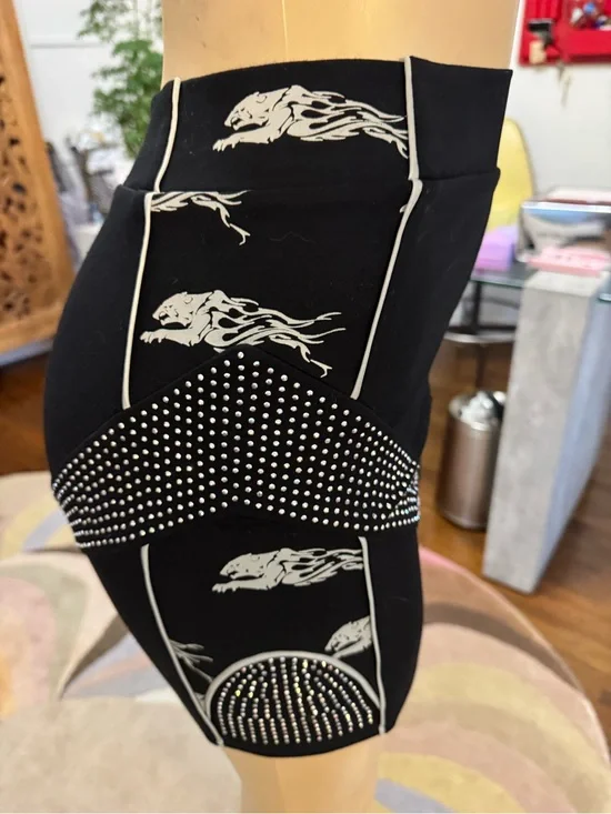 Black Studded Graphic High Waisted Bike Shorts with White Panther Motif