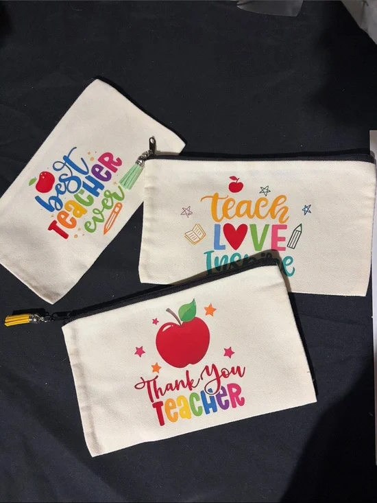 Teacher Appreciation Canvas Zipper Pouch - White with Multicolor Print