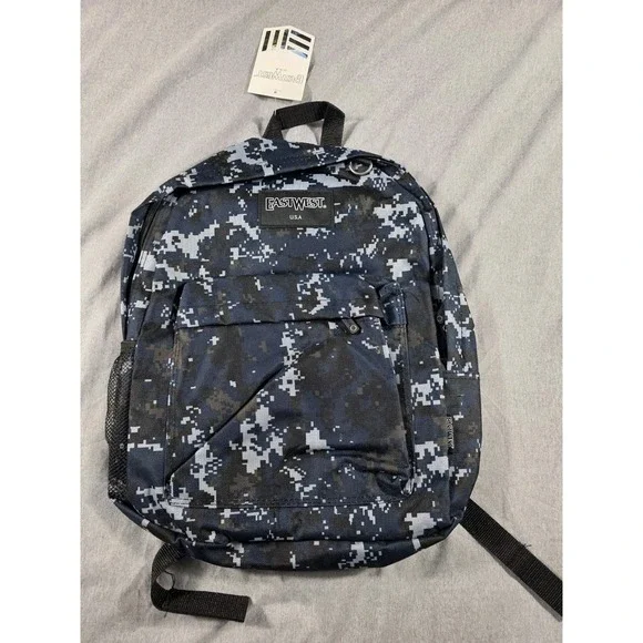 NWT East West‎ Digital Blue Camo Print Backpack Mesh Side Pocket 15x12x4