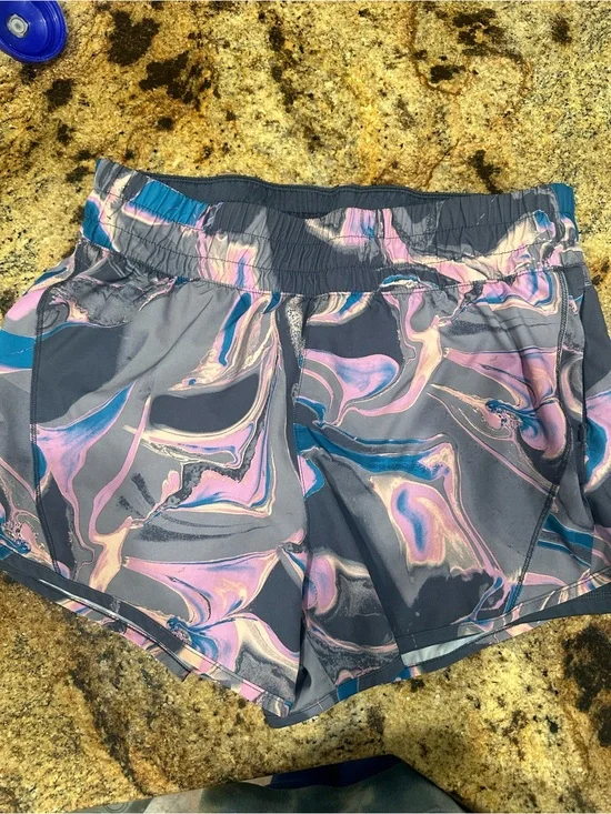 Avia Women’s Marble-Print Athletic Shorts in Gray with Pink & Blue Swirls