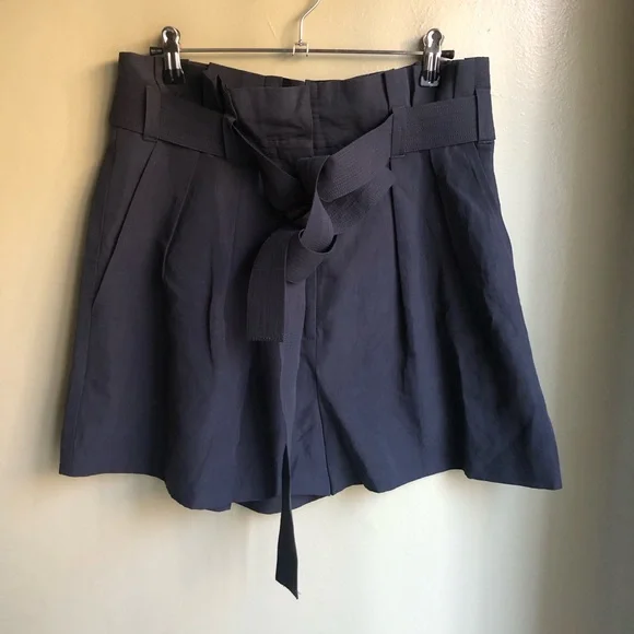 ULLA JOHNSON Iris Pleated Cotton Linen Silk Bend Shorts Midnight Blue Size: 8