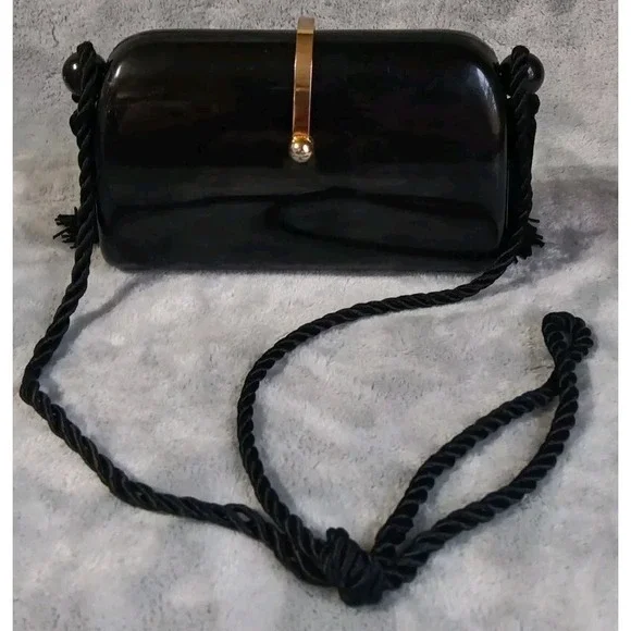 Vintage Hong Kong Made‎ Plastic Purse Black Tasseled Strap Gold Tone Latch READ