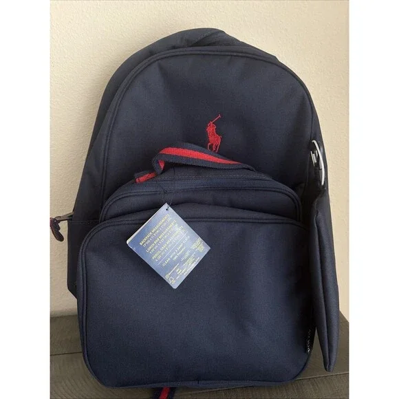 Ralph Lauren Polo Youth Backpack Combo Set Lunchbox Pencil Case Navy Red School