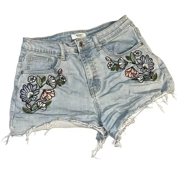 Forever 21 Womens Denim Blue Jean Floral Embroidered Cut Off High Waist Size 28