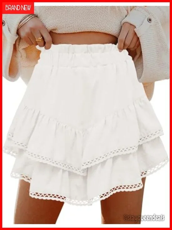 Flowy Skort with Ruffle Tiered Hem and Crochet Trim, High Waist, Mini Length,