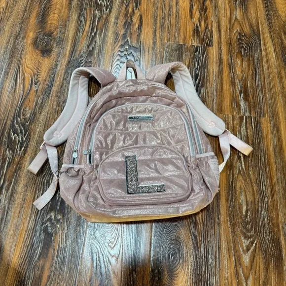 Justice Girls Rose Gold Glitter Initial L Backpack Pink Quilted School Bag