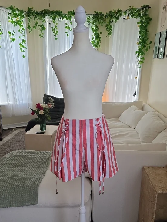 AKIRA Pink and White Striped Lace-Up Pleaded‎ Linen Shorts