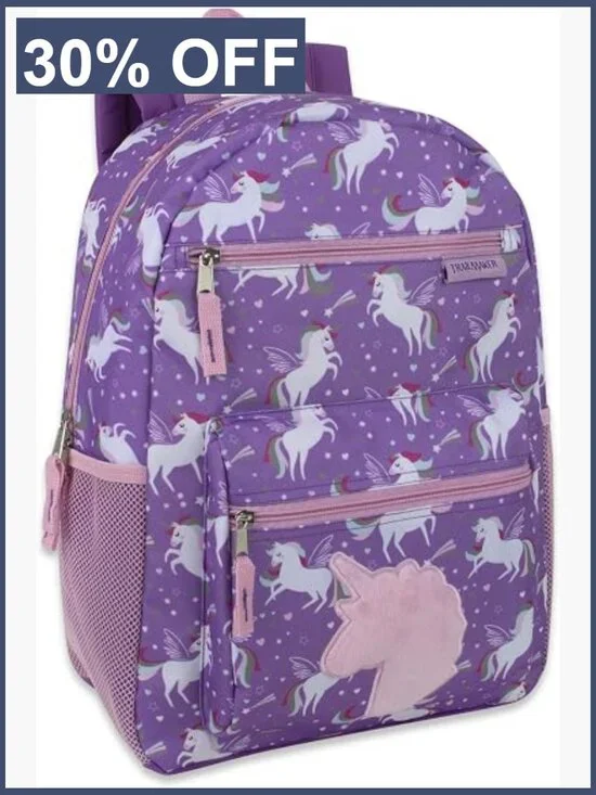 Kids Plush Unicorn School Backpack 17in with Side Pockets Padded Straps