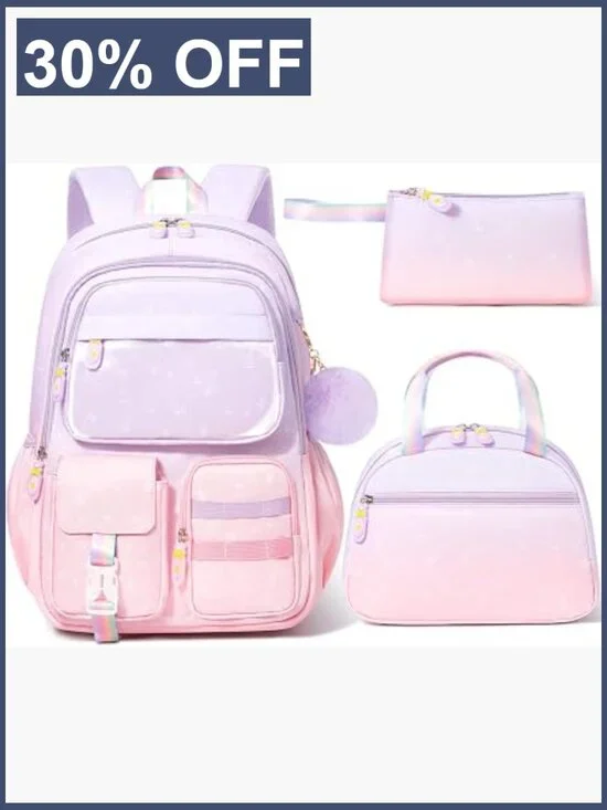 3-Piece Backpack Set with Lunch Bag & Pencil Case, Waterproof Bookbag for Girls