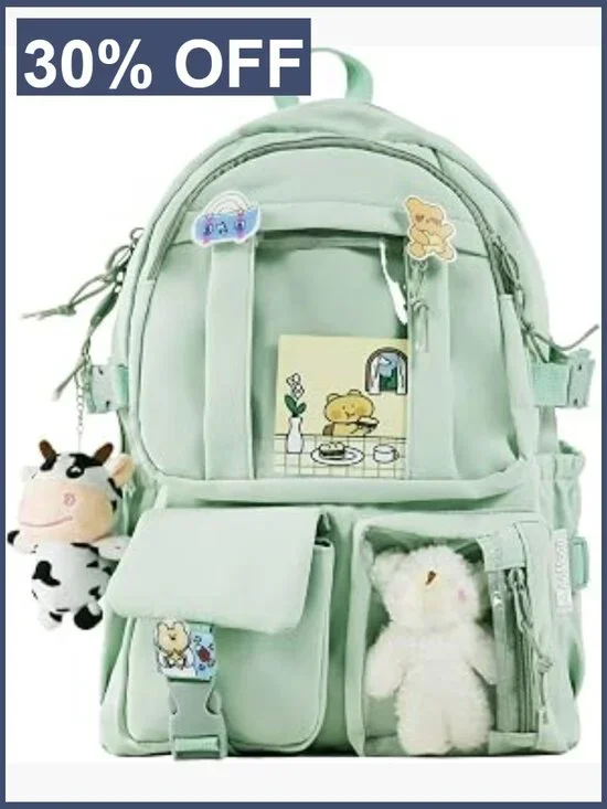 Kawaii Backpack Rucksack for Teen Girls Aesthetic Student Bookbag with Pin