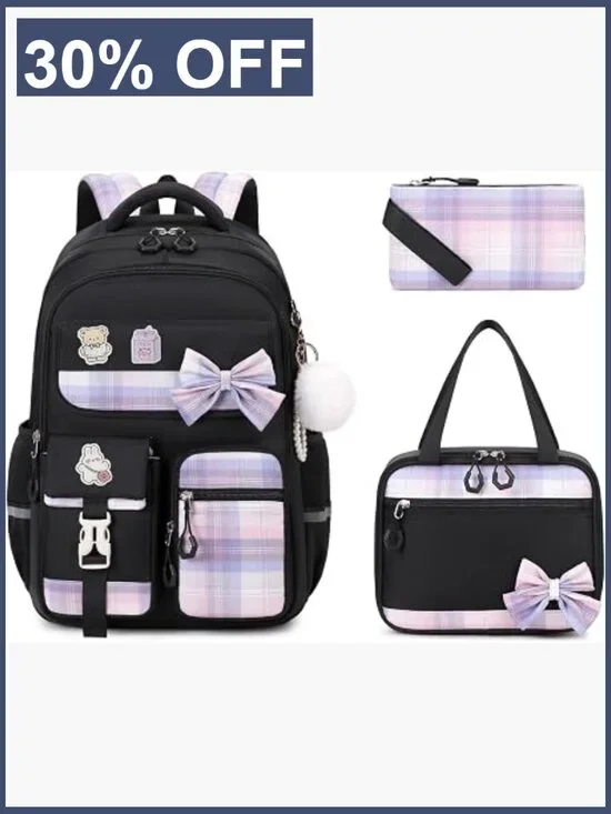 Girls Plaid Backpack Set with Lunch Bag and Pen Case, School Bookbag for Middle