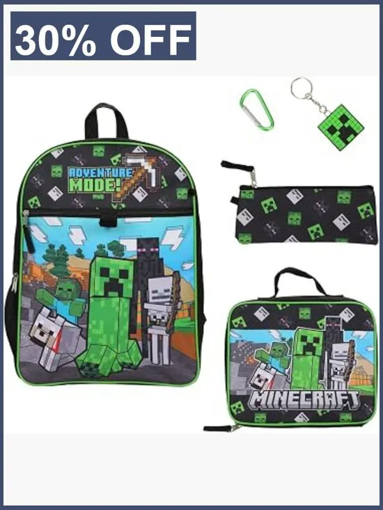 Unisex Minecraft 5-Piece Backpack Set with Lunch Kit & Accessories