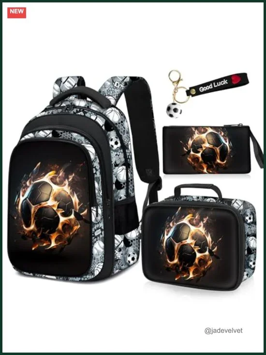 4-Piece Soccer Backpack Set with Lunch Box for Boys Kids School