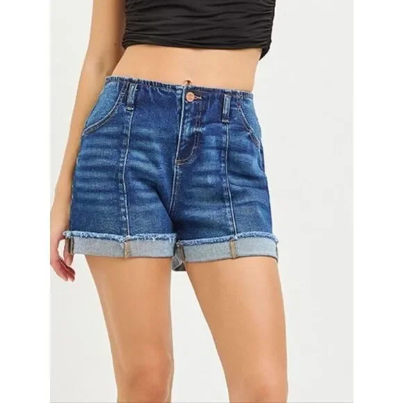 RISEN Los Angeles Front Seam Jean Shorts High-Rise Rolled Hem