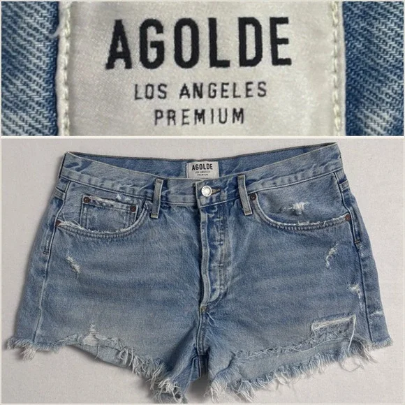 AGOLDE‎ Womens 31 Parker Distressed Denim Shorts Light Blue Button Fly A026-811