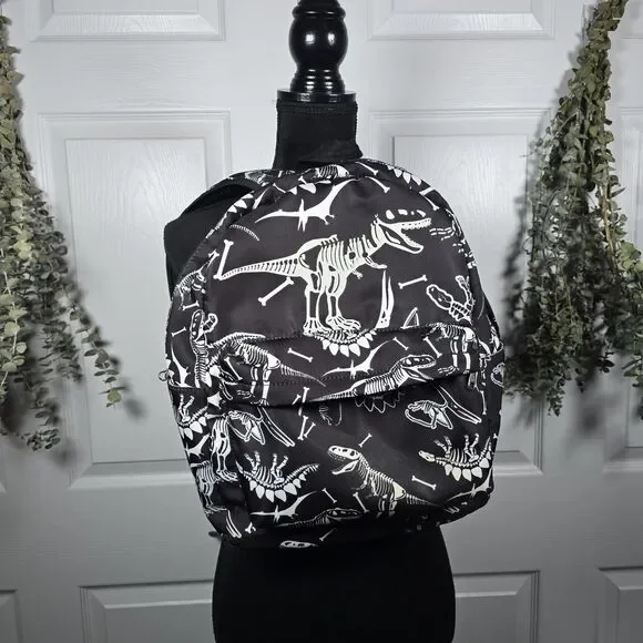 Black Backpack White T-Rex Dinosaur Skeleton Pattern And Matching Lunchbox