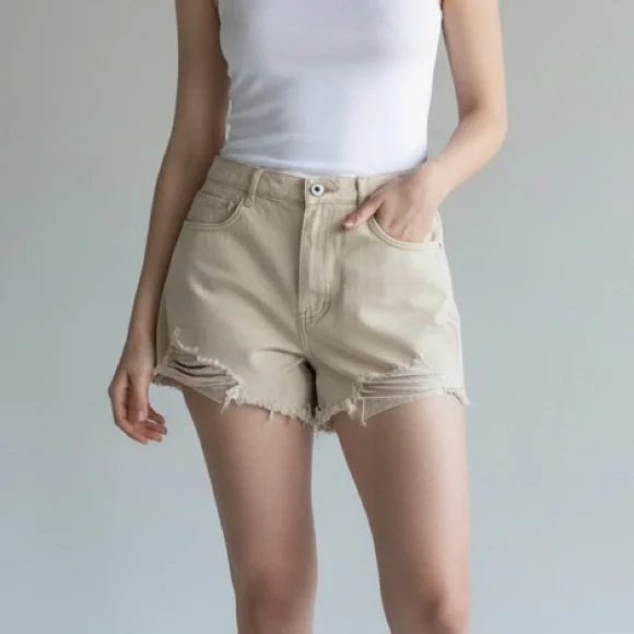 SHOW ME YOUR MUMU Beige Distressed Denim Shorts High Rise Raw Hem‎ Festival 28