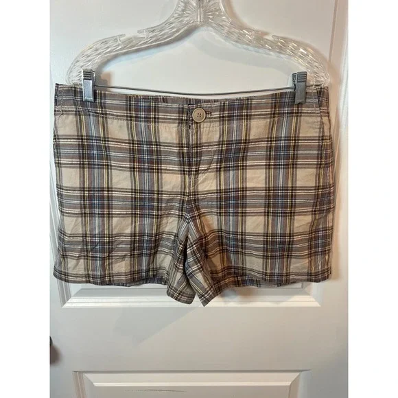 Mossimo Womens Plaid Shorts Cotton Ramie Blend Brown Tan Blue Size 12