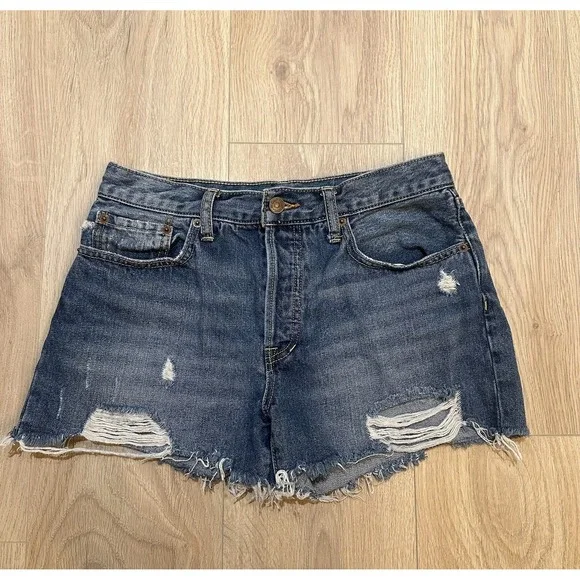 FREE PEOPLE Byron Bay Blue Denim High Waisted Shorts Distressed Size‎ 28 EUC