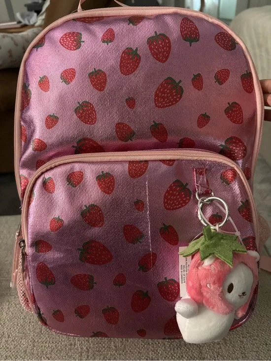 Madden Girl Kids Pink Strawberry Print Backpack with Plush Keychain
