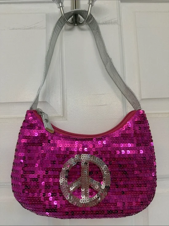 Girls Sequin Pink Peace Sign Shoulder Bag with Silver Strap