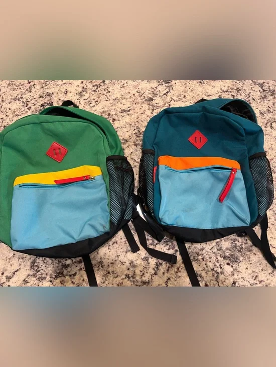(2) Kids Colorblock Backpack in Green & Teal with Light Blue Pocket