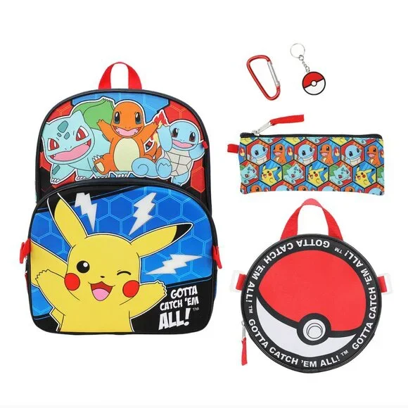 Pokemon Characters and Poke Balls 5-Piece Backpack Set