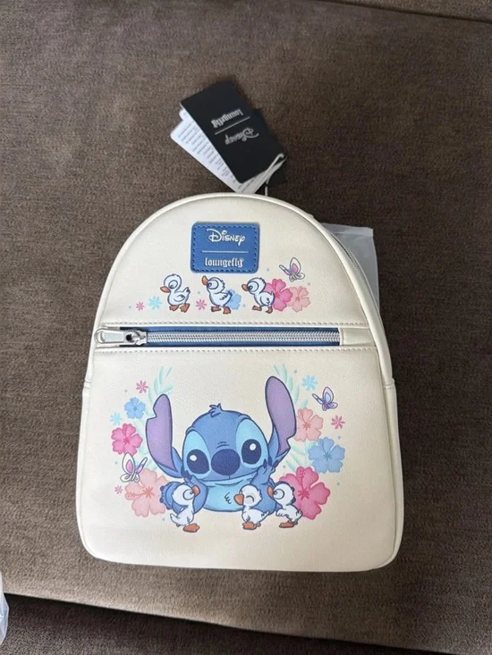Loungefly Cream Mini Backpack with Blue Stitch and Pastel Floral Accents