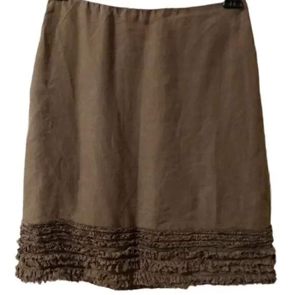 Eileen Fisher Irish linen taupe skirt with frayed/fringed tiered hem size PP