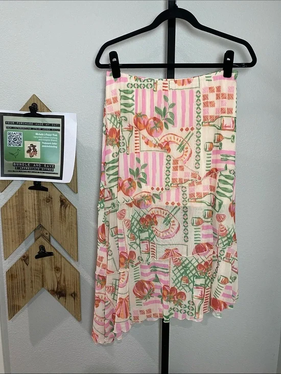 See You Monday Pink, Green & Cream Asymmetrical Midi Skirt 14-20” waist