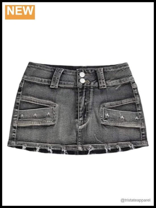 Goth Skull Studded Jean Mini Skirt Y2K Ripped Denim Pockets