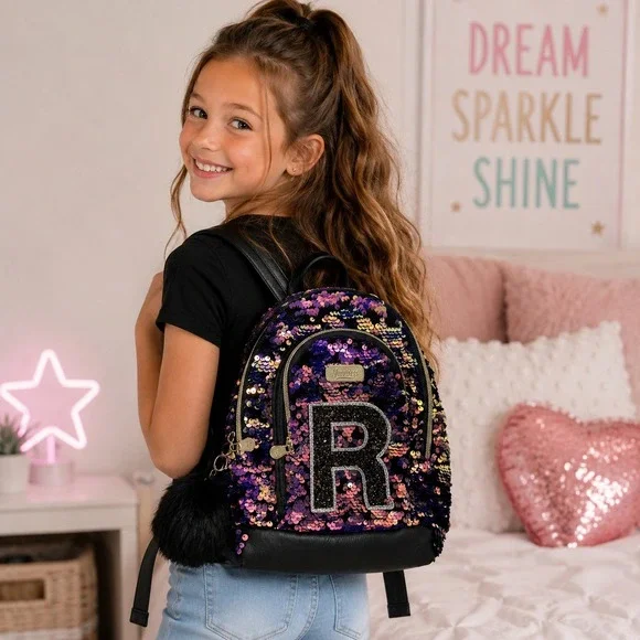 JUSTICE Mini Backpack‎ Sequin Initial R Girls OS Purple Pink Flip Sequin Bag