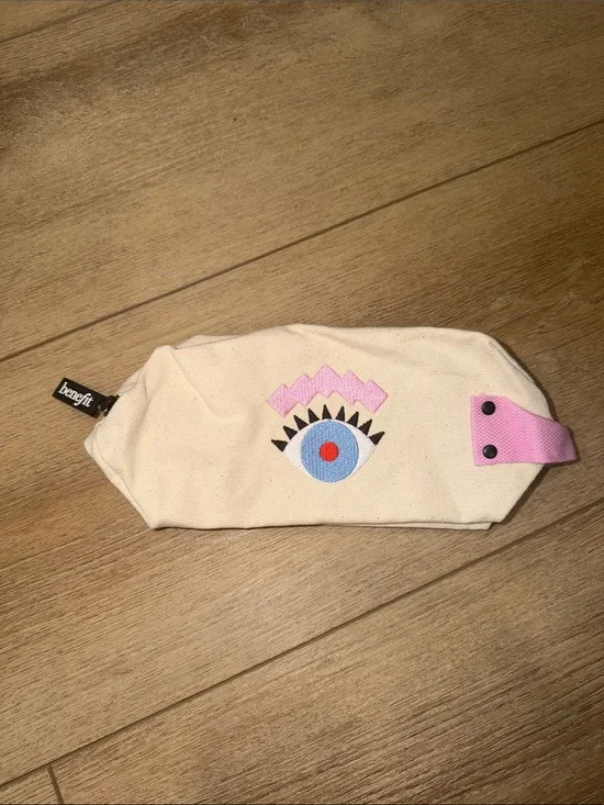 Benefit Beige Canvas Pencil Pouch with Pink Handle and Eye Motif
