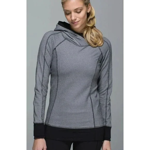 Lululemon Womens Think Fast S 6 Black White Herringbone Hooded Pullover
