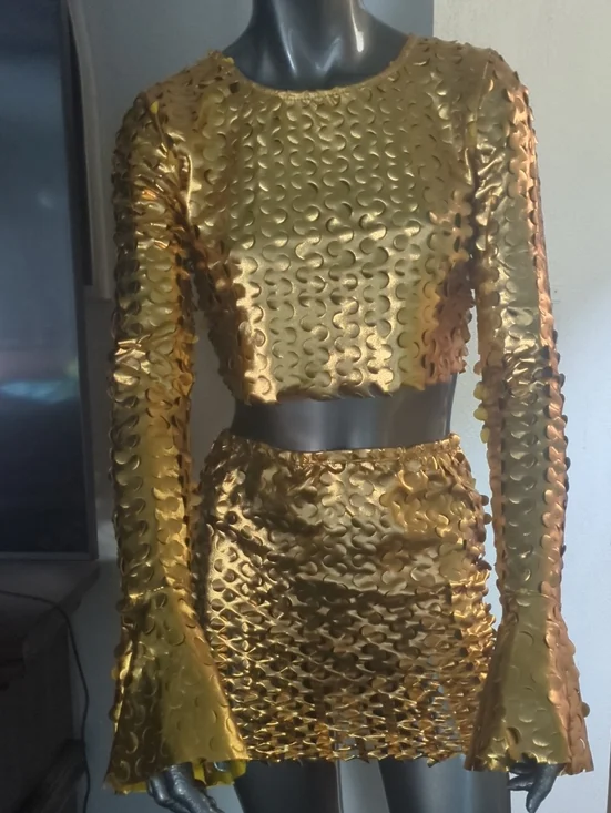 Gold Metallic Crop Top and Mini Skirt Set - Women's Party Two-Piece