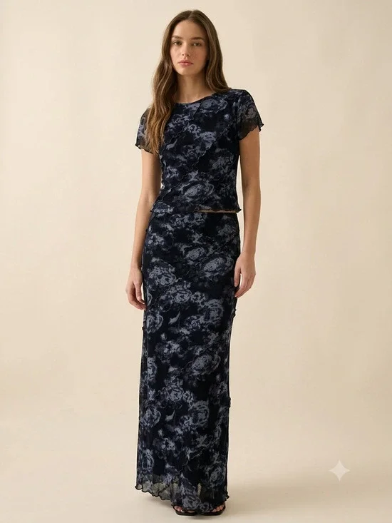 Thirty Thirty LA Floral Mesh Maxi Skirt Top 2 Piece Set NWT Size M Whimsygoth