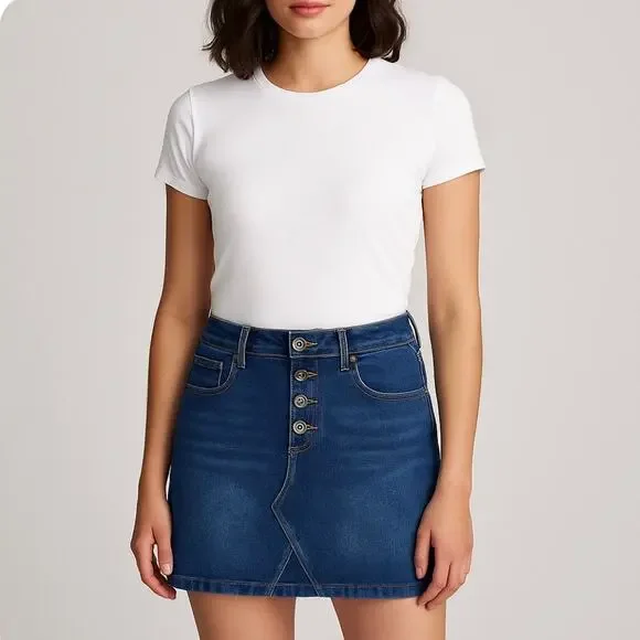 A Loves A Womens Denim Mini Skirt Sz 28 Button-Fly Dark Wash Stretch $89