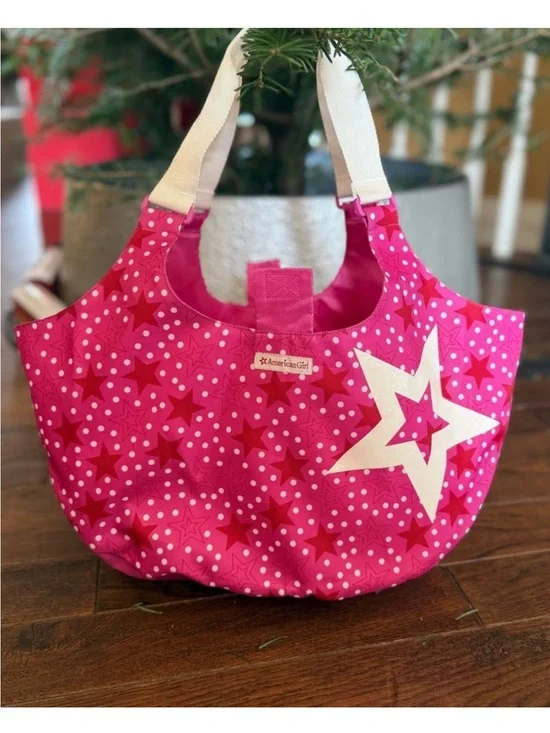 American Girl Hot Pink Star Print Tote with Cream Handles