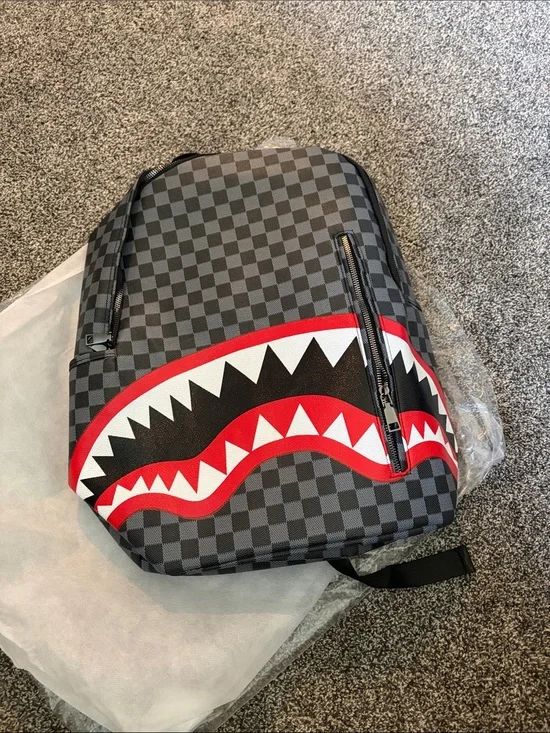 NEW Never Used Checkered Black & Gray Shark Graphic Backpack - Red Accent