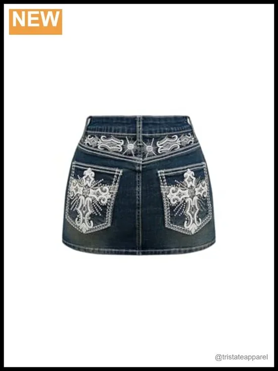 Punk Goth Cross Embroidered Denim Mini Skirt Stretchy Low Rise Bodycon