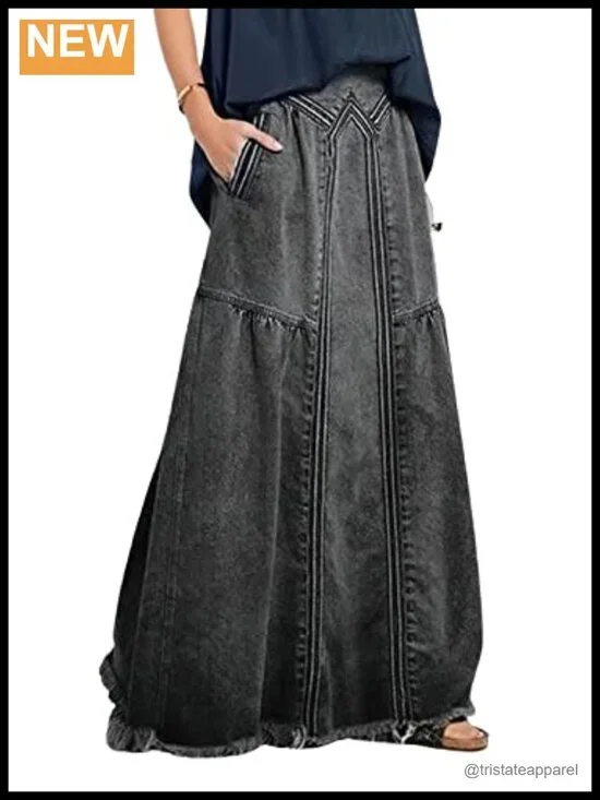 Retro Elastic High Waist Frayed A-Line Maxi Denim Skirt with Pockets