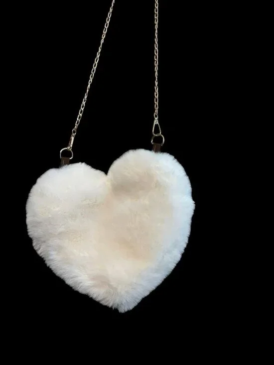 Girls White Faux Fur Heart Crossbody Bag Gold Tone Removable Chain Link New