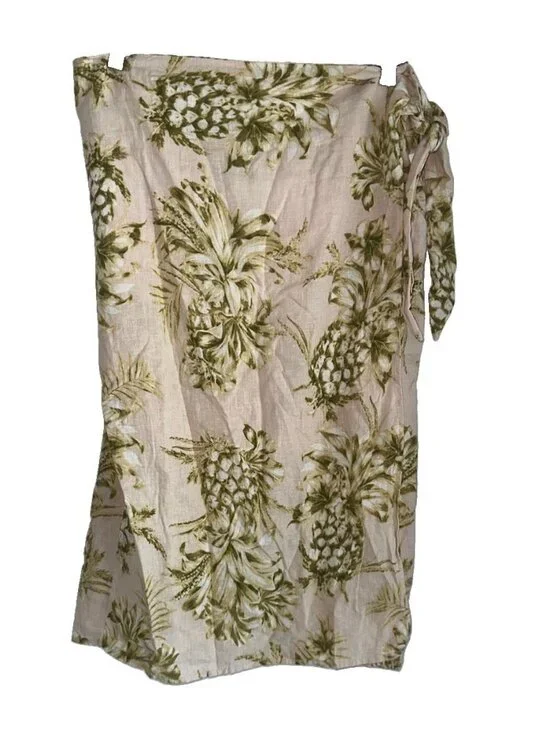 Panama Jack Womens Linen Blend Wrap Midi Skirt Sz L Tan Green Pineapple Tropical