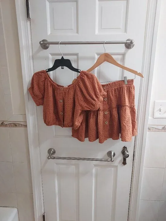 Eberjey Burnt Orange Eyelet Blouse and Skirt Set